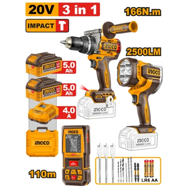 Set din 3 scule pe acumulator 20V/2×5.0Ah INGCO HLDD260528 Set din 3 scule pe acumulator 20V/2×5.0Ah INGCO HLDD260528