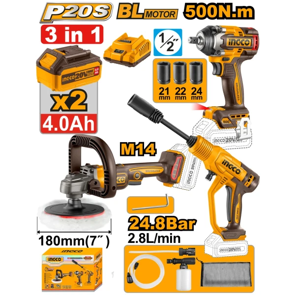 Set din 3 scule cu acumulator 20V/2*4.0Ah INGCO COSLI250184 Set din 3 scule cu acumulator 20V/2*4.0Ah INGCO COSLI250184