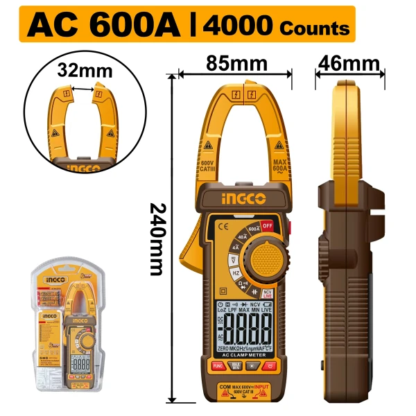 Цифровой клещевой мультиметр INGCO DCM66001 Цифровой клещевой мультиметр INGCO DCM66001
