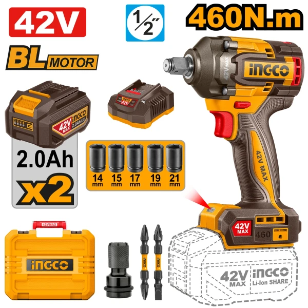 Гайковёрт аккумуляторный ударный 460Nm INGCO CIWLI42462 Гайковёрт аккумуляторный ударный 460Nm INGCO CIWLI42462
