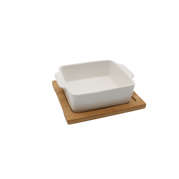 Bol dreptunghiular ceramic pe suport din bambus, 14 x 14/4.5 cm, Eurogold