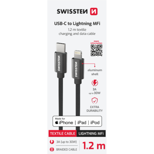 Cablul de date SWISSTEN TEXTILE USB-C / LIGHTNING MFi 1.2M Negru