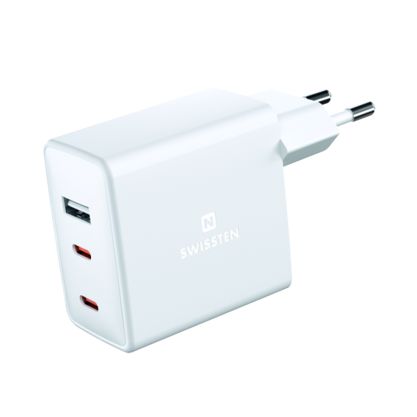 Универсальное домашнее зарядное устройство SWISSTEN GaN 2x USB-C + 1x USB 70W Белое Универсальное домашнее зарядное устройство SWISSTEN GaN 2x USB-C + 1x USB 70W Белое