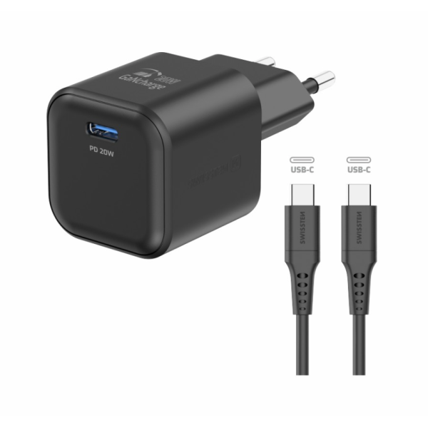 Сетевое зарядное устройство SWISSTEN GaN 1x USB-C 20W PD Black + Data кабель USB-C/USB-C 1,2M Black