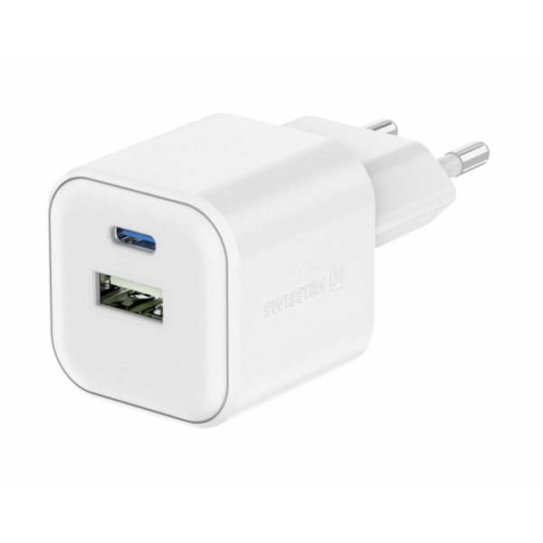 Сетевое зарядное устройство SWISSTEN GaN 1x USB-C 20W PD + 1x USB-A 18W QC Белое Сетевое зарядное устройство SWISSTEN GaN 1x USB-C 20W PD + 1x USB-A 18W QC Белое