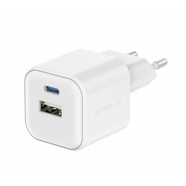 Универсальное домашнее зарядное устройство SWISSTEN GaN 1x USB-C 35W PD + 1x USB-A 27W QC Белое Универсальное домашнее зарядное устройство SWISSTEN GaN 1x USB-C 35W PD + 1x USB-A 27W QC Белое