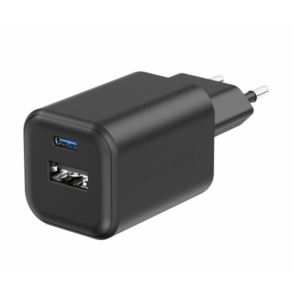 Универсальное домашнее зарядное устройство SWISSTEN GaN 1x USB-C 45W PD + 1x USB-A 18W QC Черное Универсальное домашнее зарядное устройство SWISSTEN GaN 1x USB-C 45W PD + 1x USB-A 18W QC Черное