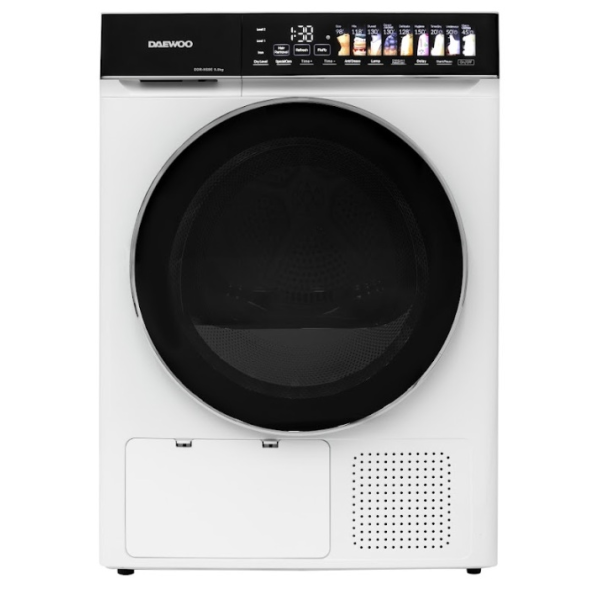 Uscător de rufe Daewoo DDR-HS9E-1, 9 kg, Clasa E, Control electronic, Pompa de căldură, butoane touch, panou de control negru cu pictograme mari col Uscător de rufe Daewoo DDR-HS9E-1, 9 kg, Clasa E, Control electronic, Pompa de căldură, butoane touch, panou de control negru cu pictograme mari col