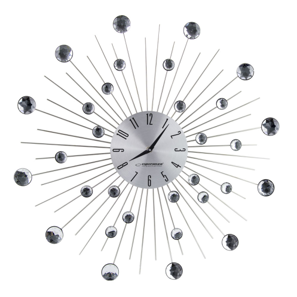 Ceas de perete Esperanza BOSTON EHC002 Gri, 50 cm, decorat cu diamante (sticlă acrilică), suprafață din aluminiu, mișcare silențioasă, cârlig pentru instalare Ceas de perete Esperanza BOSTON EHC002 Gri, 50 cm, decorat cu diamante (sticlă acrilică), suprafață din aluminiu, mișcare silențioasă, cârlig pentru instalare