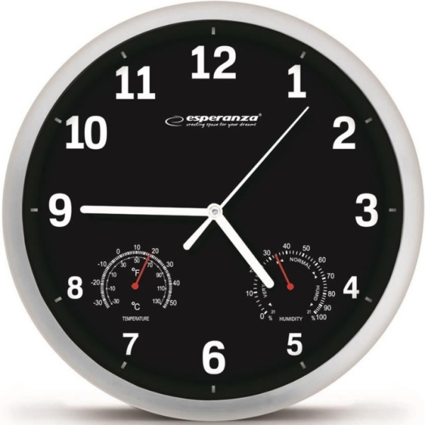 Ceas de perete Esperanza LYON EHC016K NEGRU, 25 cm, cadru din plastic, Mișcare silențioasă, cârlig pentru instalare ușoară, Măsurători: temperatură și umiditate