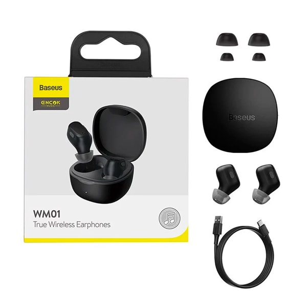 Наушники True Wireless Baseus Encok, Черный, BT5.0, время воспроизведения 5ч (70% громкости), с кейсом 25ч, время зарядки 1.5ч, Type-C, NGTW240001