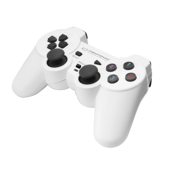 Gamepad Esperanza WARRIOR EGG102W Alb/Negru, Gamepad cu vibrații, butoane 15, stick-uri 2, design ergonomic, moduri 2 (analogic și digital), Moale sweat-r