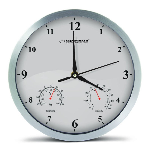 Ceas de perete Esperanza LYON EHC016W ALB, 25 cm, ramă din plastic, mecanism silențios, cârlig pentru instalare ușoară, Măsurători: temperatură și umiditate, P Ceas de perete Esperanza LYON EHC016W ALB, 25 cm, ramă din plastic, mecanism silențios, cârlig pentru instalare ușoară, Măsurători: temperatură și umiditate, P