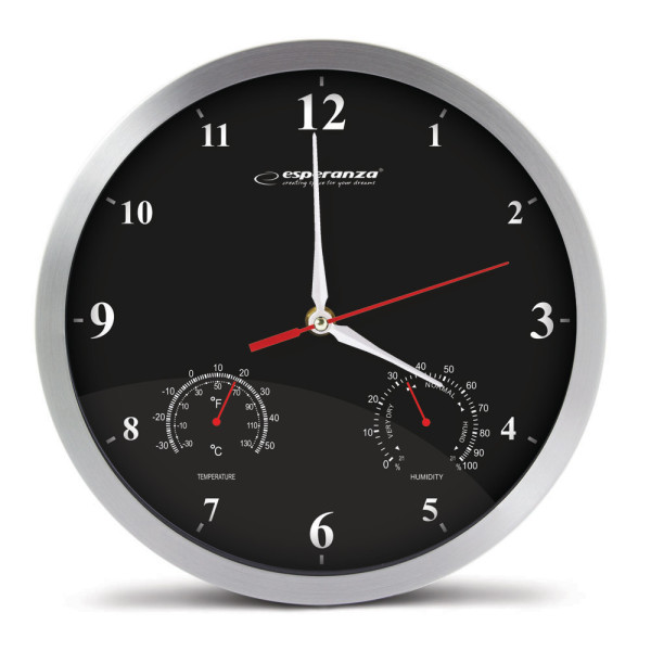 Ceas de perete Esperanza WASHINGTON EHC008K Negru, 30 cm, Cadru de ceas și limbi din aluminiu, Mecanism silențios, cârlig pentru instalare ușoară, Măsurători Ceas de perete Esperanza WASHINGTON EHC008K Negru, 30 cm, Cadru de ceas și limbi din aluminiu, Mecanism silențios, cârlig pentru instalare ușoară, Măsurători
