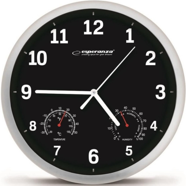 Ceas de perete Esperanza LYON EHC016K negru, 25 cm, ramă din plastic, mecanism silențios, cârlig pentru montaj ușor, Măsurători: temperatură și umiditate, P