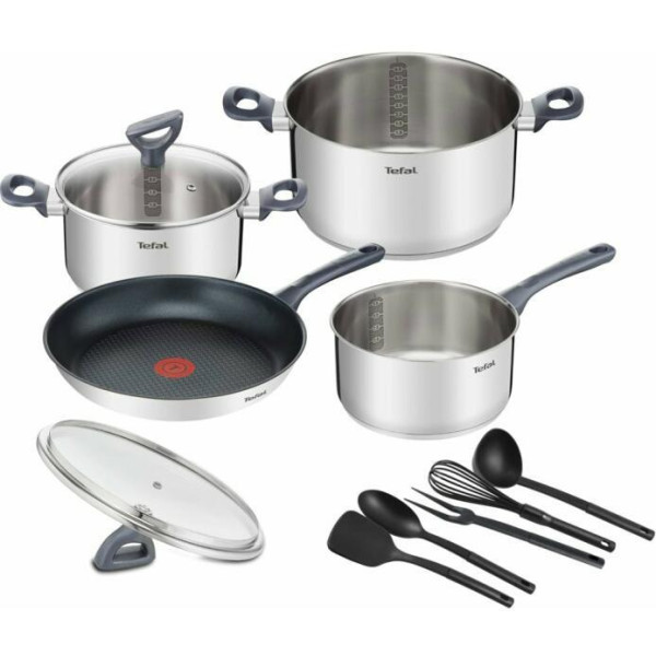 Set oale de 11 piese Tefal Daily Cook, 2 oale cu capac 20/24 cm, tigaie 28 cm, cratita 16 cm, 5 ustensile