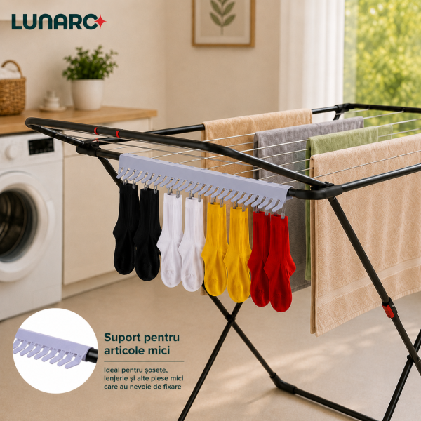 Сушилка для белья LUNARO WING PLUS-BK , 128 x 54,5 x 5 см, 18 м, макс. 15 кг, специальная подставка для носков, черная