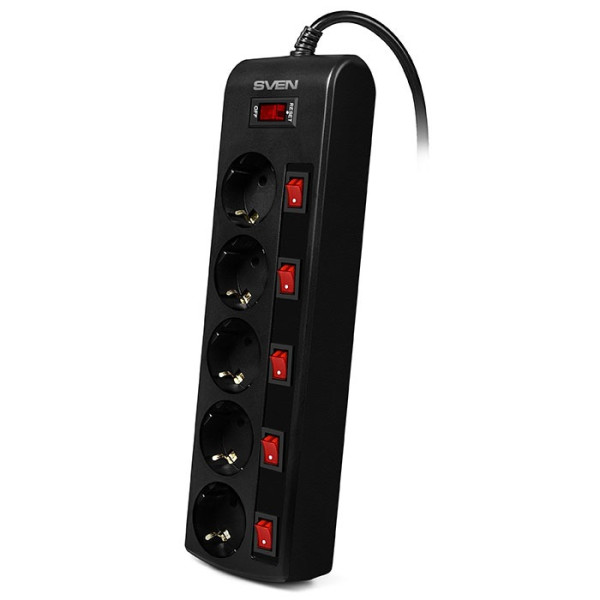 Surge Protector SVEN SF-05PL, 5 Sockets, 3.0m, individual switches, Black Surge Protector SVEN SF-05PL, 5 Sockets, 3.0m, individual switches, Black