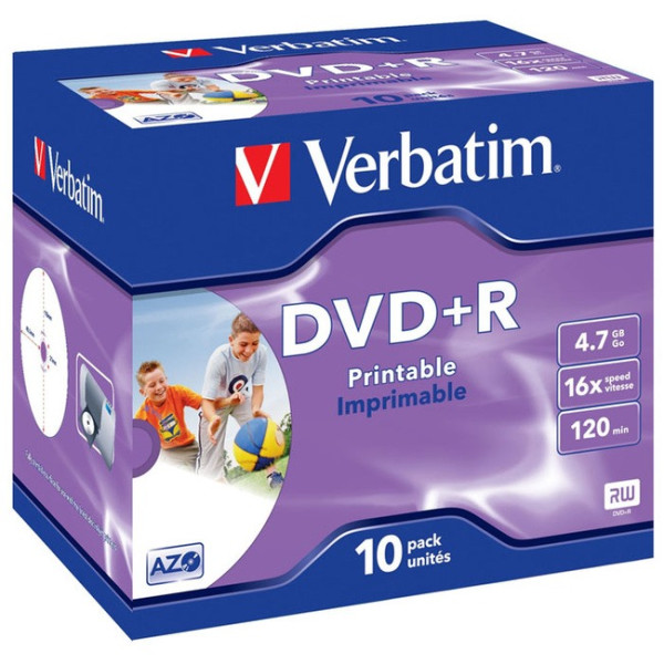 Verbatim DataLifePlus DVD+R AZO 4.7GB 16X WIDE PRINTABLE SURFACE - Jewel Case 10pcs. Verbatim DataLifePlus DVD+R AZO 4.7GB 16X WIDE PRINTABLE SURFACE - Jewel Case 10pcs.