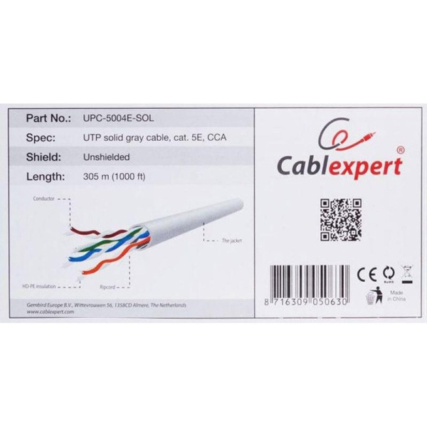 Cable UTP Gembird UPC-5004E-SOL, Solid Gray cable, AWG24 solid CCA, cat. 5E, 305m Cable UTP Gembird UPC-5004E-SOL, Solid Gray cable, AWG24 solid CCA, cat. 5E, 305m