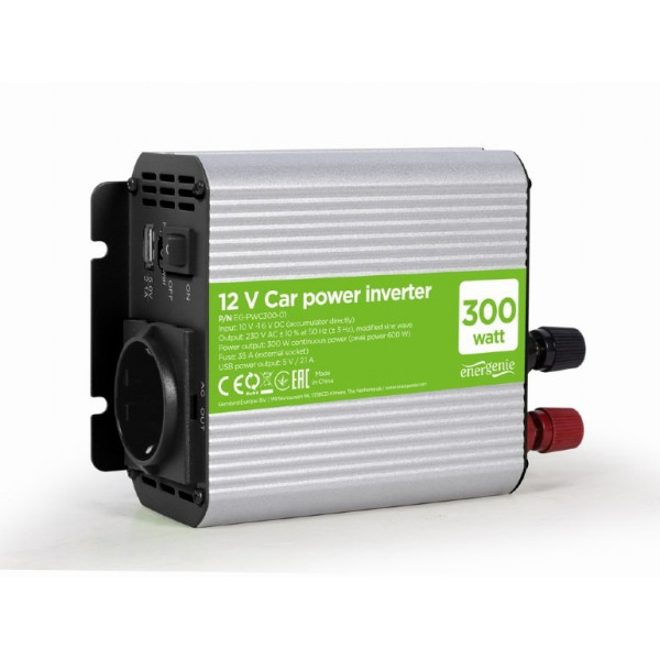 EnerGenie EG-PWC300-01, 12 V Car power inverter, 300 W, with USB port / 5V-2.1A, LED indicator, Input: 10-16 VDC (accumulator directly) - Output: 230 VAC +/ EnerGenie EG-PWC300-01, 12 V Car power inverter, 300 W, with USB port / 5V-2.1A, LED indicator, Input: 10-16 VDC (accumulator directly) - Output: 230 VAC +/