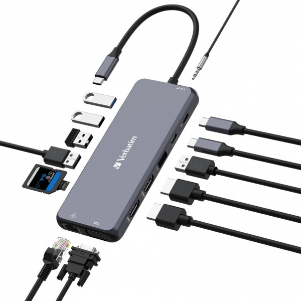Adaptor Multiport Verbatim CMH-14/ USB-С/ 3xUSB-A 3.2/ 2xUSB-A/ 1xUSB-C PD(100W)/ 2xHDMI/ 1xVGA/ RJ45/ SD/ microSD Adaptor Multiport Verbatim CMH-14/ USB-С/ 3xUSB-A 3.2/ 2xUSB-A/ 1xUSB-C PD(100W)/ 2xHDMI/ 1xVGA/ RJ45/ SD/ microSD