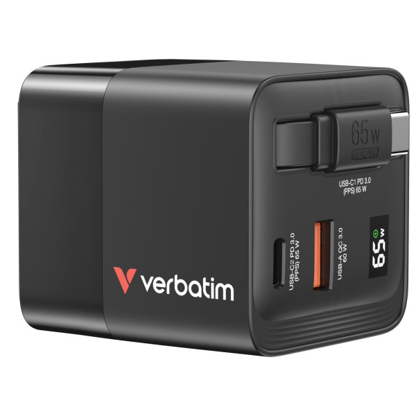 Зарядное устройство Verbatim Mini GaN / 65W / 2 порта / встроенный USB-C кабель Зарядное устройство Verbatim Mini GaN / 65W / 2 порта / встроенный USB-C кабель