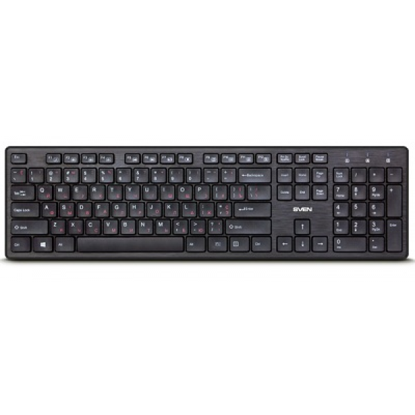 SVEN KB-E5800W, Wireless Keyboard, 104 keys,12 Fn-keys slim compact design, low-profile keys with smooth stroke, Nano receiver, USB, Рус/Укр/Eng, Black SVEN KB-E5800W, Wireless Keyboard, 104 keys,12 Fn-keys slim compact design, low-profile keys with smooth stroke, Nano receiver, USB, Рус/Укр/Eng, Black