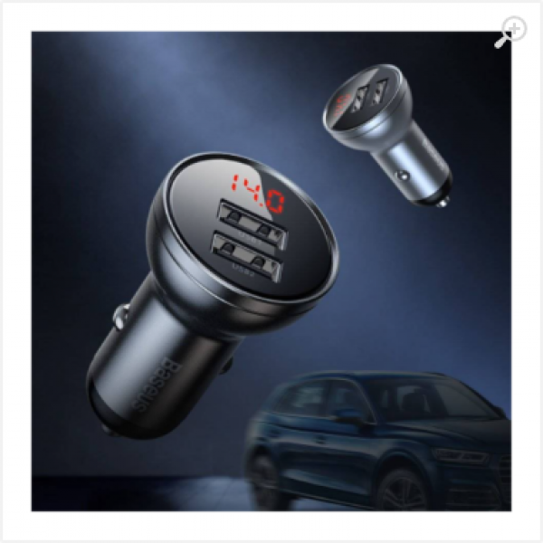 USB Car Charger - Baseus Digital Display, 2xUSB (U + U), 24W, 5V/4.8A, Display, Gray CCBX-0G