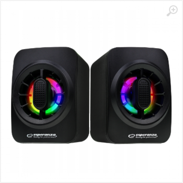Speakers 2.0 Esperanza Sakara EGS104, 5W (2 x 2.5W), LED Rainbow lighting, Volume control, built in amplifier, Power supply: 5V, They require: USB and mini-jack Speakers 2.0 Esperanza Sakara EGS104, 5W (2 x 2.5W), LED Rainbow lighting, Volume control, built in amplifier, Power supply: 5V, They require: USB and mini-jack