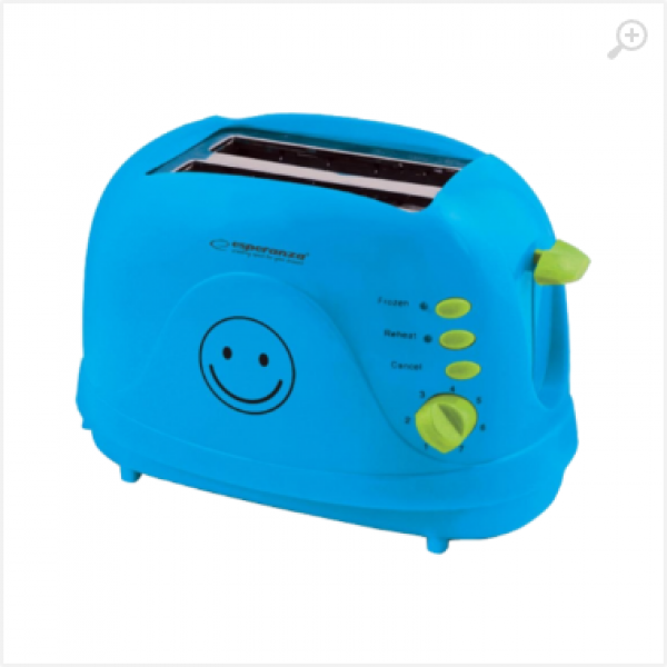 Toster Esperanza SMILEY EKT003B Blue, 750W, 3 in 1, Toasting, Reheating, Defrost frozen bread, Designed to prepare thick and thin toast, Electronic Timer, 7