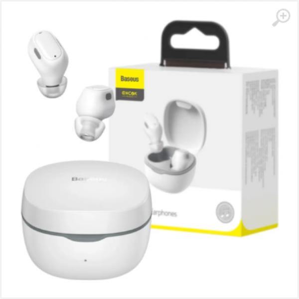 Baseus Encok True Wireless Earphones, White, BT5.0, playback 5h (70% vol), with case 25h, charging time 1.5hr, Type-C, NGTW240002