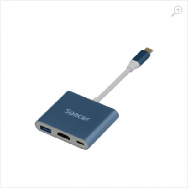 Docking Station Spacer universal 3 in 1, conectare Type-C USB 3.1, USB 3.0 x 1, porturi video HDMI x 1, suporta pana la 4K (30Hz),PD 3.0 pana la 87W, Gri