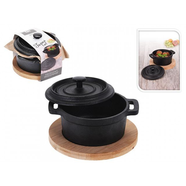 Cocot mini fonta EH 10X7.5cm si suport din lemn Cocot mini fonta EH 10X7.5cm si suport din lemn