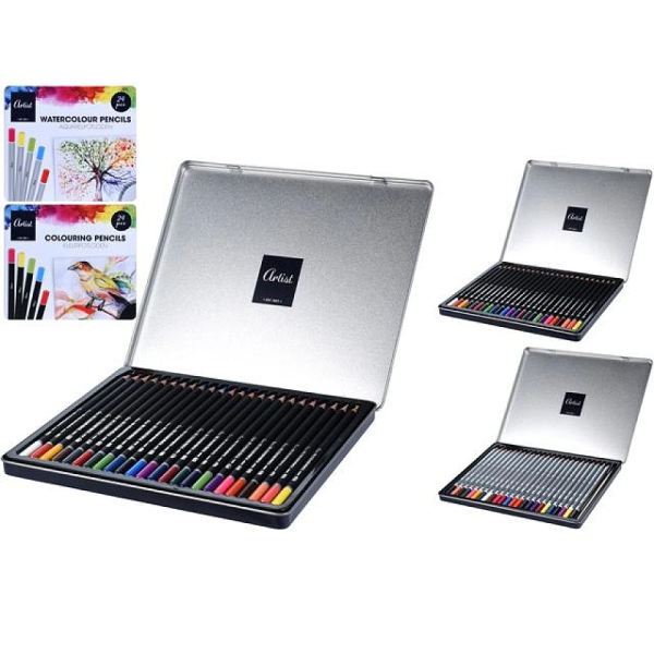 Set creioane colorate 24buc pe baza de ulei si apa, cutie metalica Set creioane colorate 24buc pe baza de ulei si apa, cutie metalica