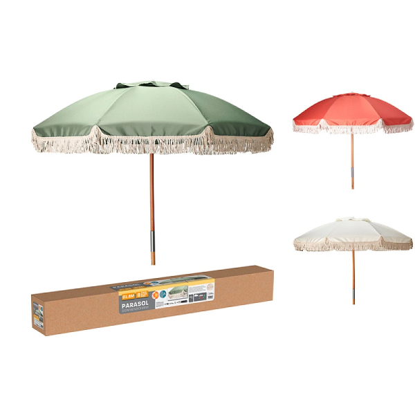 Umbrela de soare D180cm, H200cm, 8 spite, lemn, cu franjuri, UPF 50+, husa inclusa Umbrela de soare D180cm, H200cm, 8 spite, lemn, cu franjuri, UPF 50+, husa inclusa