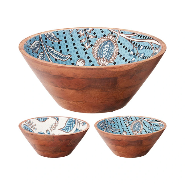 Platou de servire din lemn de mango "Blue Decal" adanc, D25X11 сm