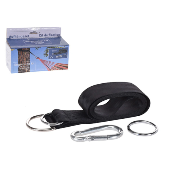 Set fixare pentru hamac: 2curele 2mX5cm, inele si carabina Set fixare pentru hamac: 2curele 2mX5cm, inele si carabina