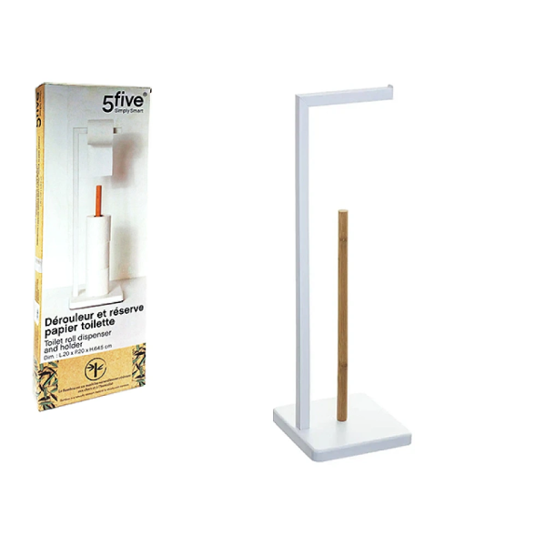 Suport pentru hârtie igienică de podea cu rezervor Five, alb, metal/bambus 20X20X64.5cm Suport pentru hârtie igienică de podea cu rezervor Five, alb, metal/bambus 20X20X64.5cm