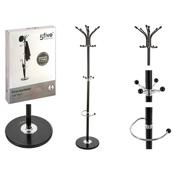 Cuier tip pom D37cm, H182cm Five + suport umbrela, negre, metal Cuier tip pom D37cm, H182cm Five + suport umbrela, negre, metal