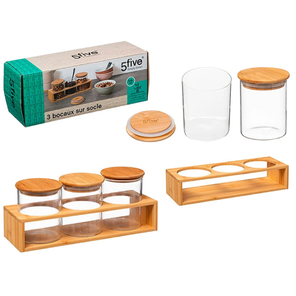 Set borcane din sticla Five 3buc 400ml, cu suport 28cm din bambus Set borcane din sticla Five 3buc 400ml, cu suport 28cm din bambus