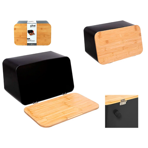 Suport metalic pentru paine Five 37X23X22cm negru, capac din bambus Suport metalic pentru paine Five 37X23X22cm negru, capac din bambus