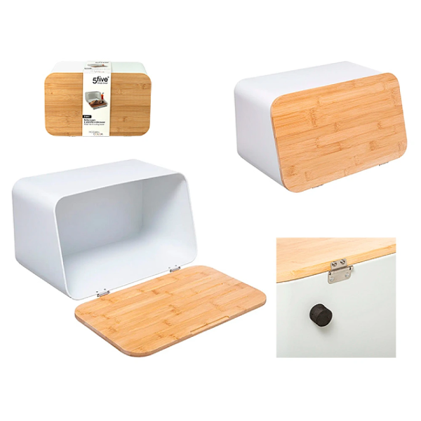 Suport metalic pentru paine Five 37X23X22.5cm alb, capac din bambus Suport metalic pentru paine Five 37X23X22.5cm alb, capac din bambus