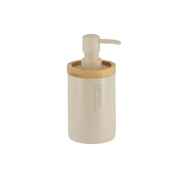 Dozator pentru săpun Tendance 280ml, bej, capac bambus, polirezină Dozator pentru săpun Tendance 280ml, bej, capac bambus, polirezină