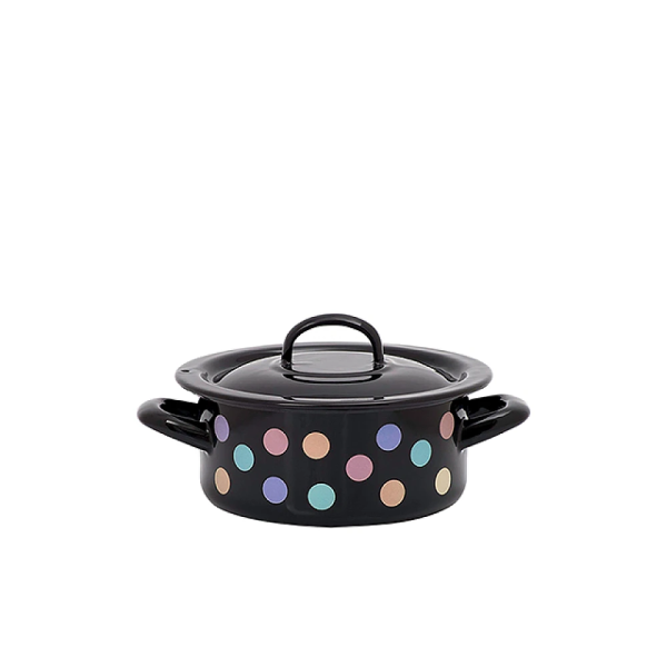 Cratita emailata "Buline colorate" 16cm, 1.5l, capac din metal Cratita emailata "Buline colorate" 16cm, 1.5l, capac din metal