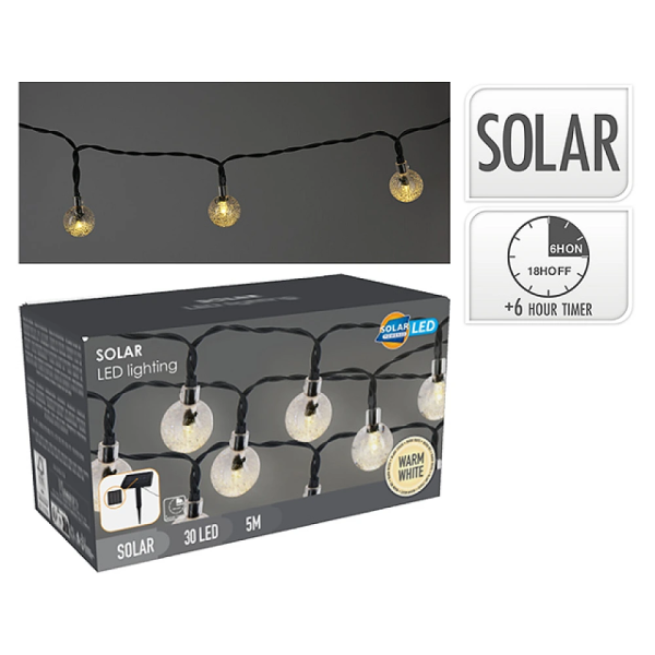 Luminite de Craciun "Globuri" 30 LED, cu panou solar, timer, 4.35m, alb cald Luminite de Craciun "Globuri" 30 LED, cu panou solar, timer, 4.35m, alb cald