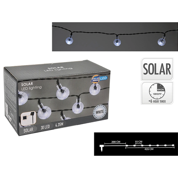 Luminite de Craciun "Globuri" 30 LED, cu panou solar, timer, 4.35m, alb rece Luminite de Craciun "Globuri" 30 LED, cu panou solar, timer, 4.35m, alb rece