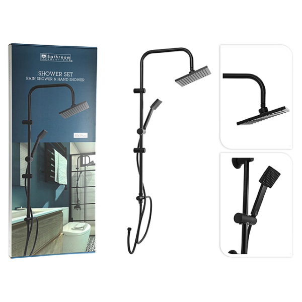 Set de dus Bathroom: 2 pare, furtun, suport negru, inox Set de dus Bathroom: 2 pare, furtun, suport negru, inox