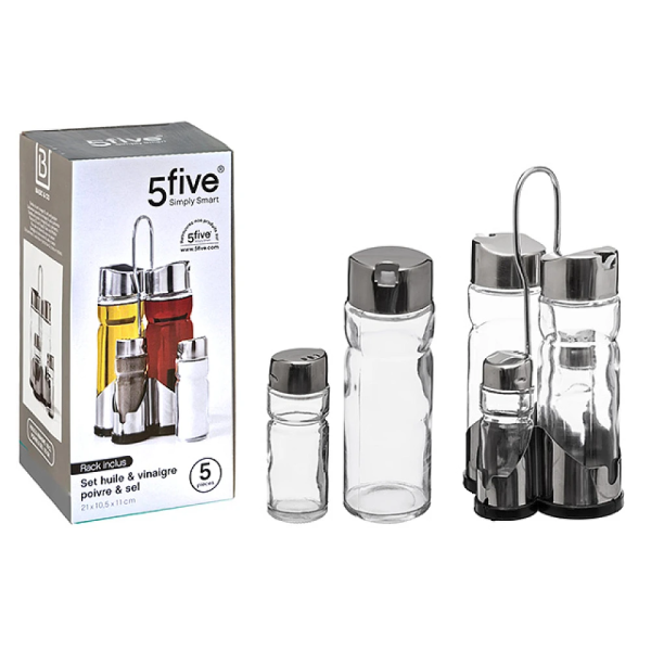 Set pentru mirodenii 5Five ulei, otet, sare, piper + suport, sticla/inox Set pentru mirodenii 5Five ulei, otet, sare, piper + suport, sticla/inox