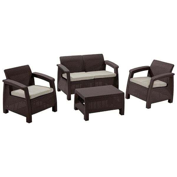 Set mobilier Corfu 4unitati: masa 77X57X42cm,2 fotoli 75X70X79cm,canape, brun-oat Set mobilier Corfu 4unitati: masa 77X57X42cm,2 fotoli 75X70X79cm,canape, brun-oat